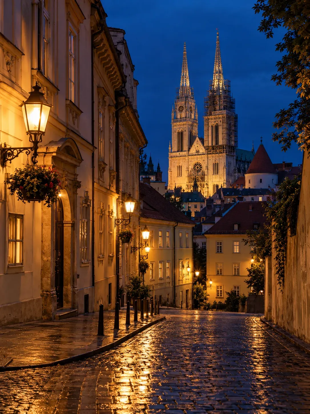 Osvijetljena ulica u staroj gradskoj jezgri s tornjevima katedrale u pozadini.