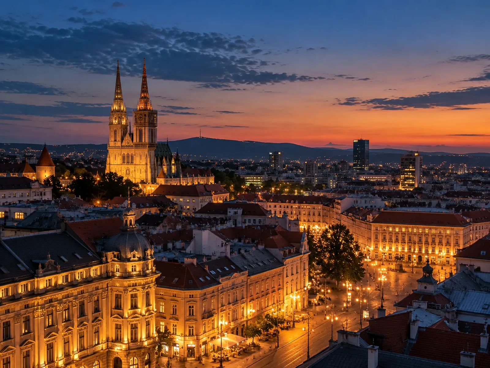 Panorama Zagreba s osvijetljenim tornjevima katedrale u sumrak.